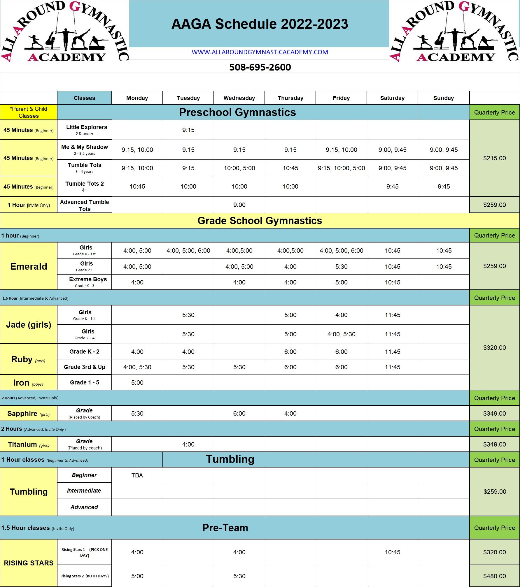 Schedules All Around Gymnastic Academy